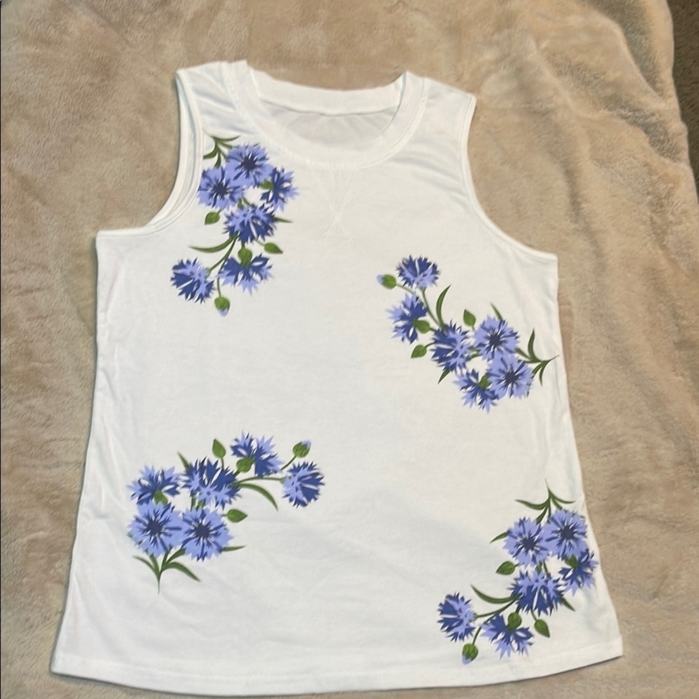 Floral Sleeveless Top - White and Blue